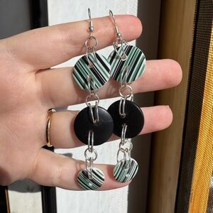 Handmade Sliver plated 2000s inspired green and black striped button earrings